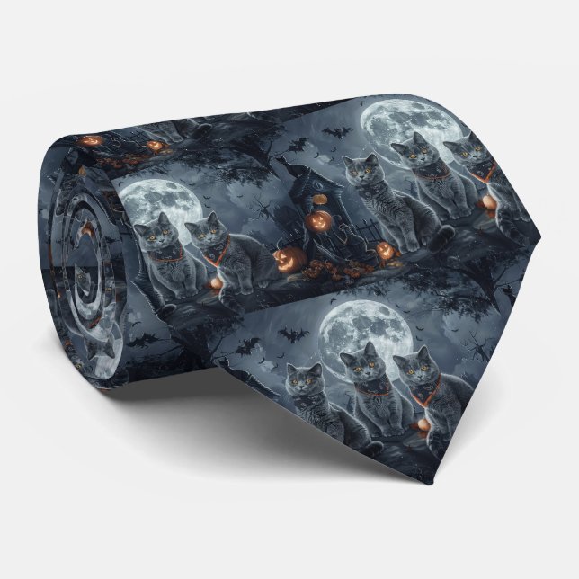 Gravata Gatos Azuis Russos Halloween Assustador (Rolled)