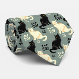 Gravata Gatos brancos e pretos com personagens japoneses