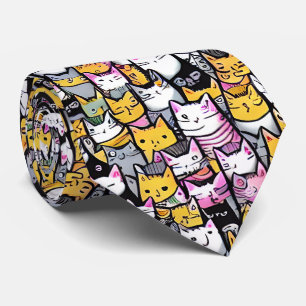 Gravata Gatos rostos de rabisco felino gatinho monograma