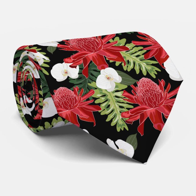 Gravata Gengibre Vermelho Orquídeas Tropicais Preto (Rolled)