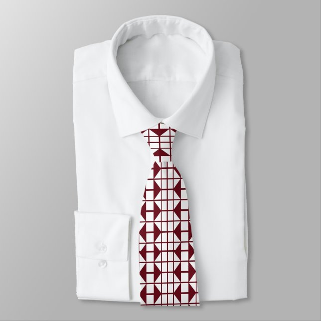 Gravata Geométrico Branco Vermelho (Amarrado)