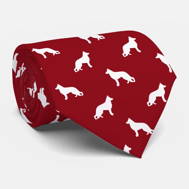 Gravata German shepherd Branco Silhuettes Padrão Vermelho (Rolled)