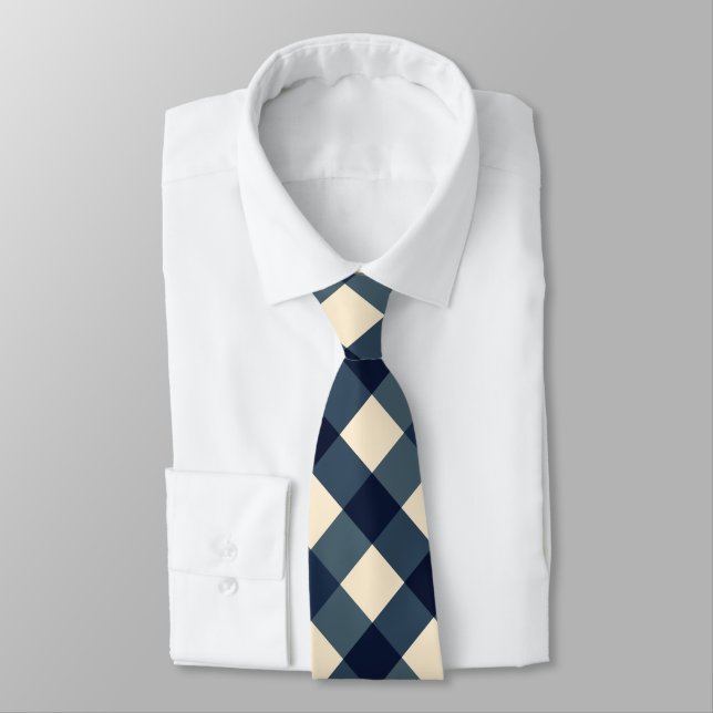 Gravata Gingham Diagonal de Cinzas Azul Escuro, Creme e Ch (Amarrado)