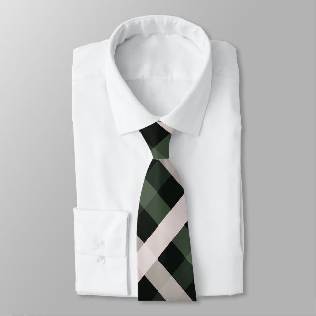 Gravata Gingham Diagonal Verde Escuro, bege, Preto Profund (Amarrado)