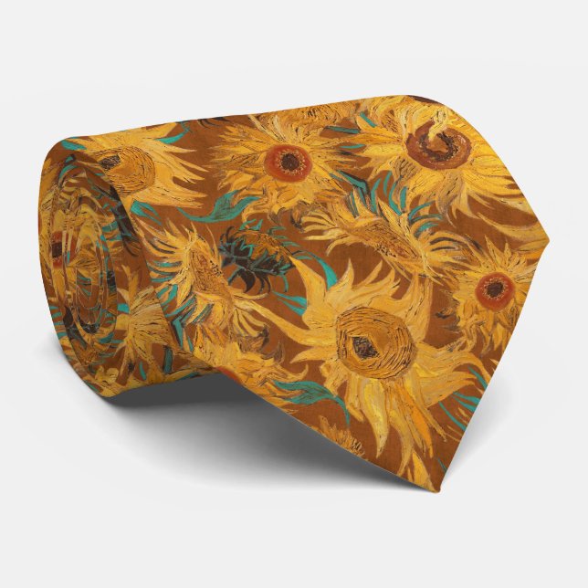 Gravata Girasóis de Van Gogh cobre marrom amarelo turquesa (Rolled)