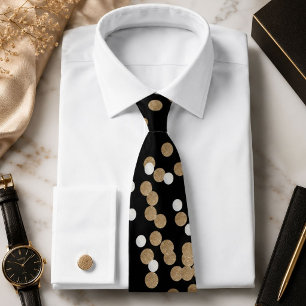Gravata glam black and white dots champagne gold confetti