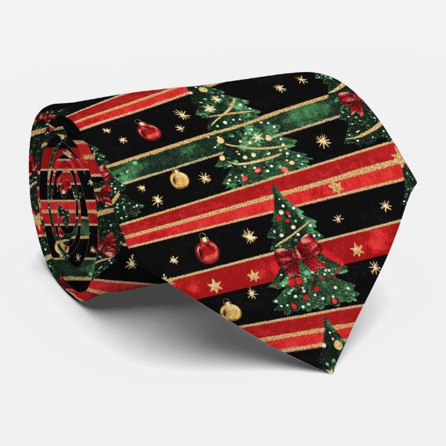 Gravata Glittery Christmas Tree - Red Black Green Striped (Rolled)