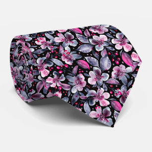 Gravata Gloria Designer-Preto,Cinza&Cor-de-Água Rosa Flora