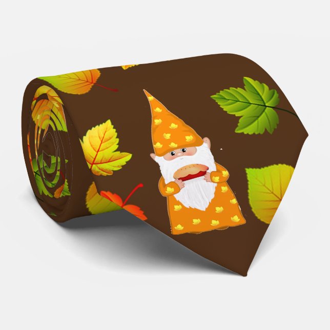 Gravata Gnomo Fofo & Folhas de Outono Lindas em Marrom (Rolled)