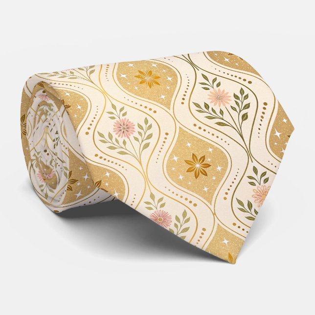 Gravata Golden Beige Retro Floral Mid-Century (Rolled)