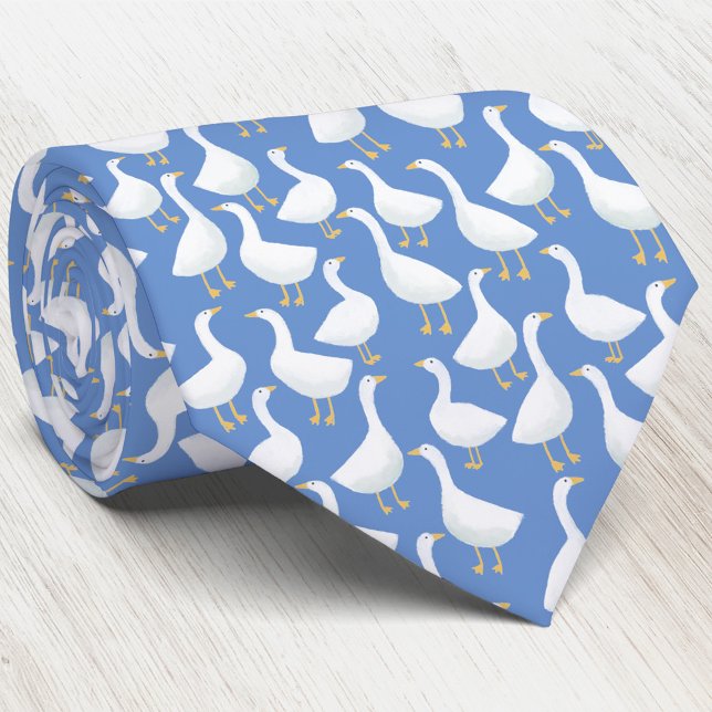 Gravata Goose Bird Pattern Blue (Blue and white geese goose pattern neck tie for farmers and bird lovers)