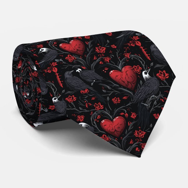 Gravata Gothic Red Hearts Red Flowers and Crows (Rolled)