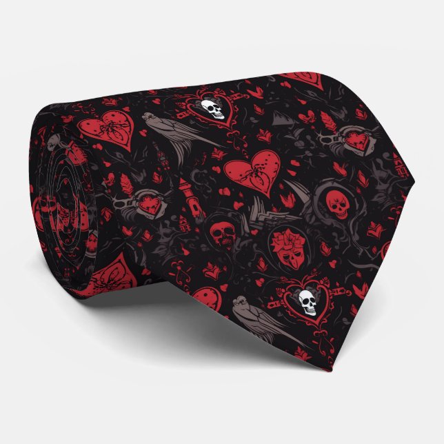 Gravata Gothic Red Hearts, Skulls and Crows (Rolled)