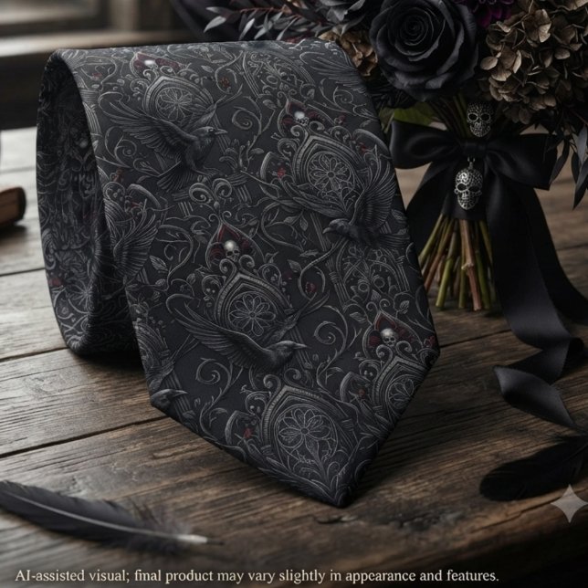 Gravata Gótico Vitoriano Corvo Damasco (Gothic raven damask necktie for an alternative groom at a dark romantic wedding.)