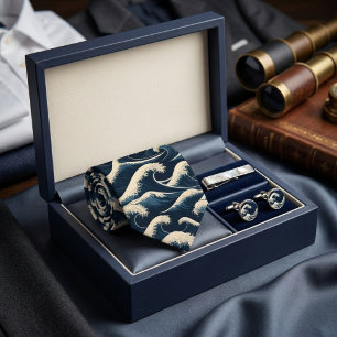 Gravata Grande Onda Hokusai Azul Naval Padrão de Arte Japo