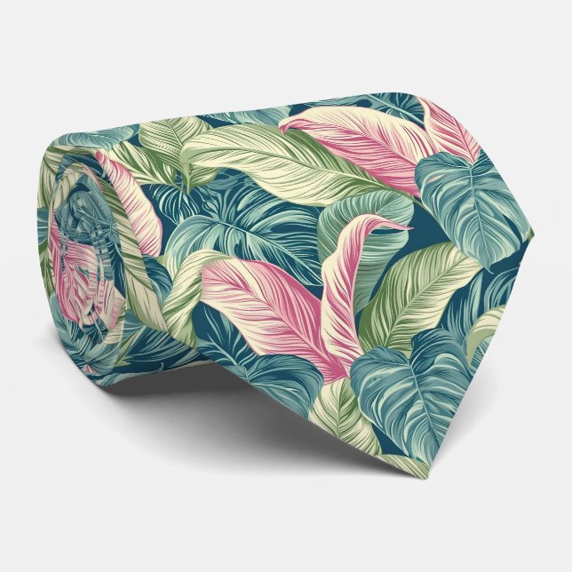 Gravata Gravação impressionante com folhas tropicais em ve (Rolled)