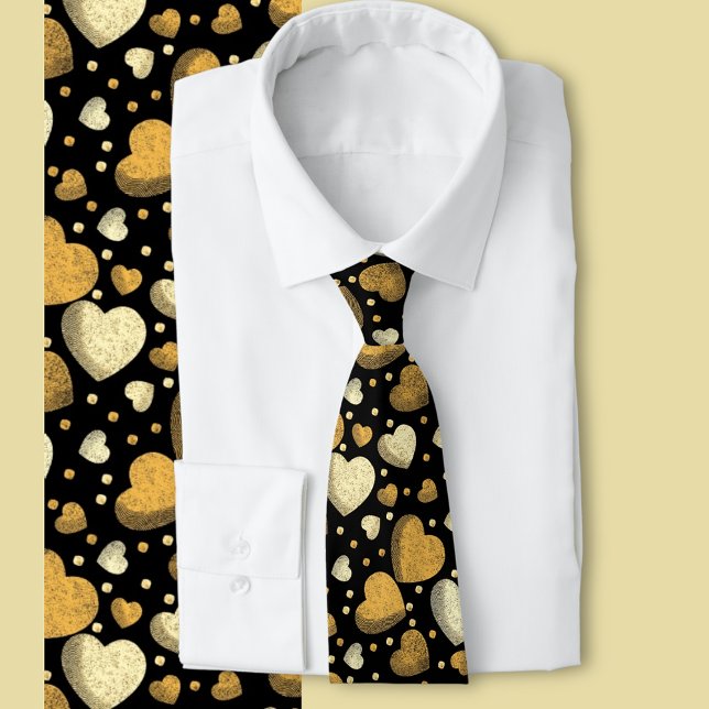 Gravata Gritty Love Corações Ouro (Light and dark gold hearts on a black background )