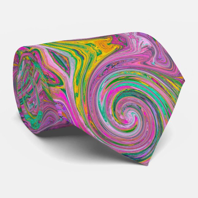 Gravata Groovy Abstrato Retro Rosa e Verde Menta Redemoinh (Rolled)
