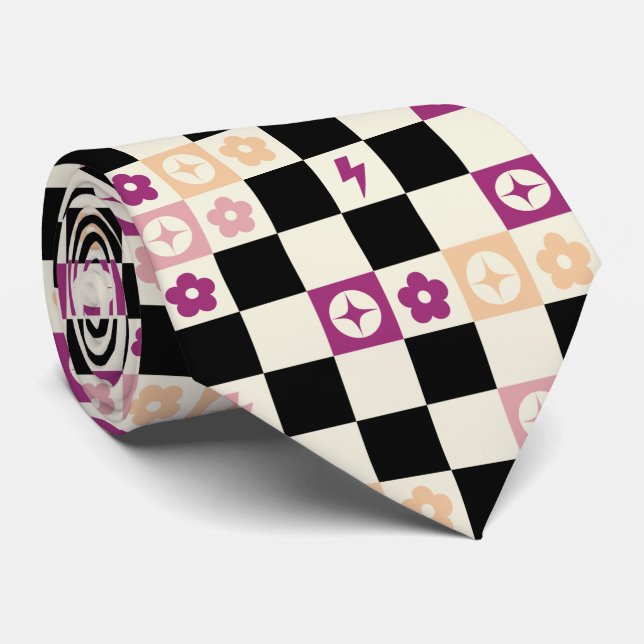Gravata Groovy Xadrez Retro, Y2K 90s  (Rolled)