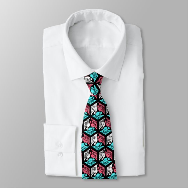 Gravata Gruas japonesas, coral, turquesa e preto (Amarrado)