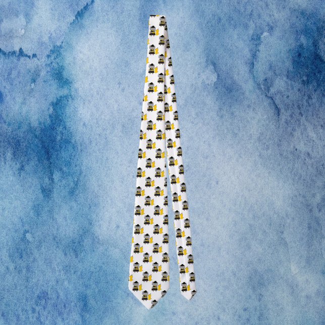 Gravata Guarda de Cores Cinza Gato Preto e Amarelo (A tie with a pattern of gray cats with a black and yellow color guard uniform.)