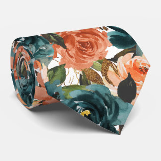 Gravata H2 Flores Azul Turquesa e Laranja Ferrugem Rosas