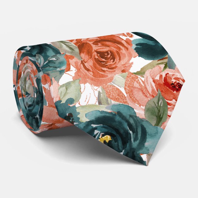 Gravata H2 Flores Azul Turquesa Laranja Ferrugem Rosas   (Rolled)