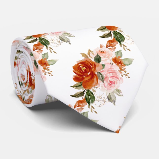 Gravata H2 Flores Ferrugem Laranja Blush Rosas   (Rolled)