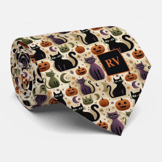 Gravata Halloween Cat Whiskers & Pumpkins Monogramado (Rolled)