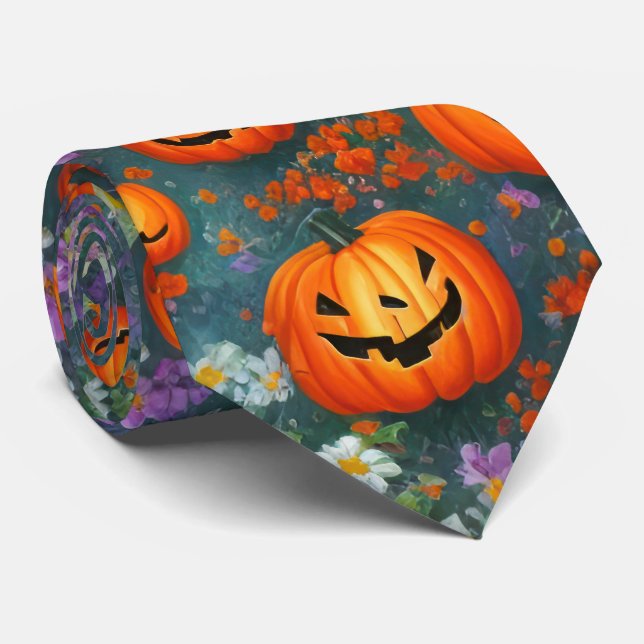 Gravata Halloween Jack-o-lanternas E Flores Roxas (Rolled)