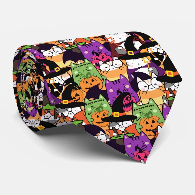 Gravata Halloween Kawaii Cat Patterno (Rolled)