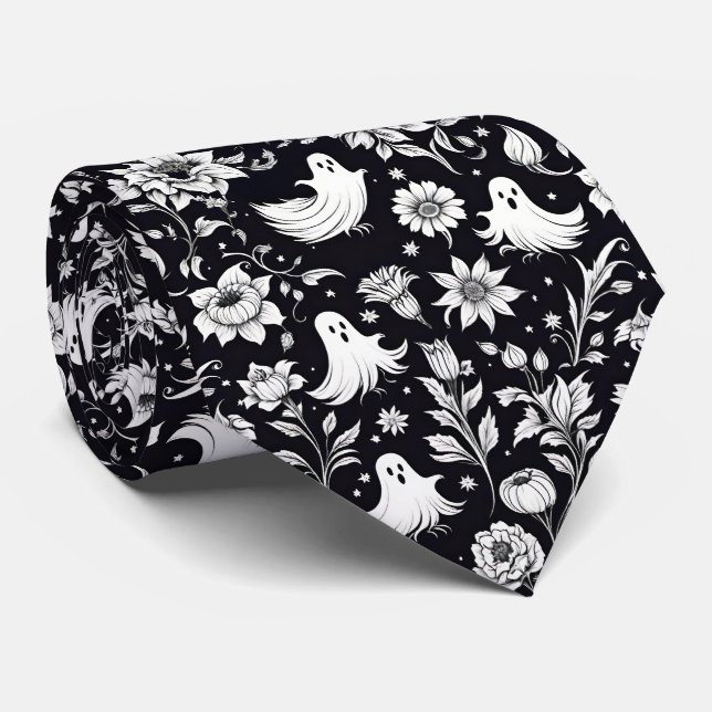 Gravata Halloween Preto e Branco Fantasmas Floral (Rolled)