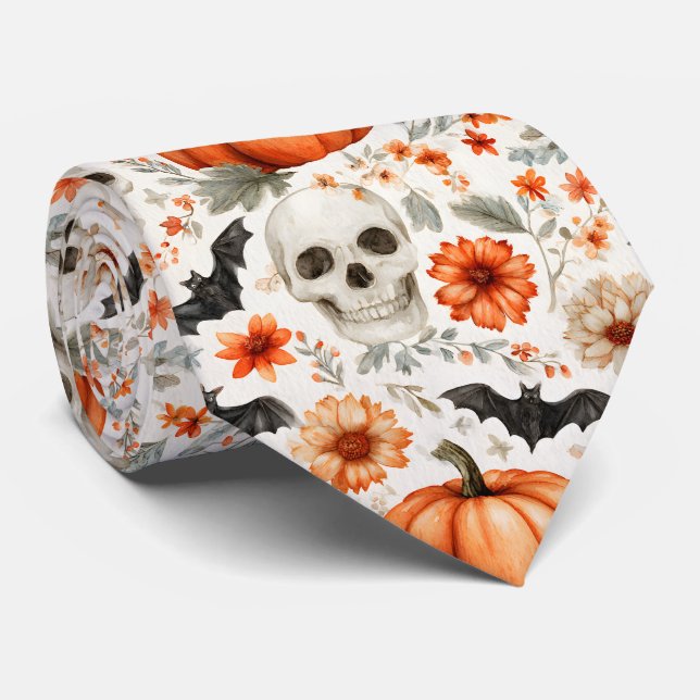 Gravata Halloween Skulls flores e abóboros (Rolled)