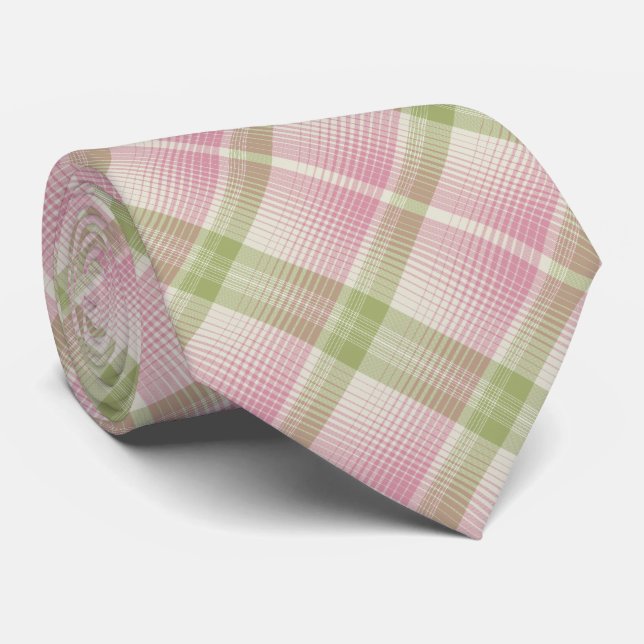 Gravata HAMbyWG - Tie- Bone/Pink/Pale Green Diag. Xadrez (Rolled)