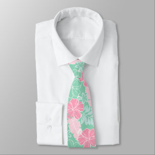 Gravata Hana Hibisco Havaiano Tropical - Verde-Menta e Ros