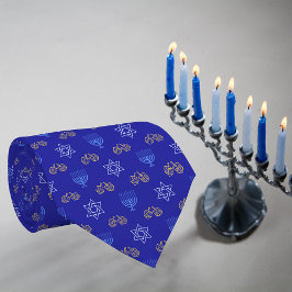 Gravata Hanukkah Dourada Dreidel Star de David Menorah Blu