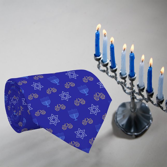 Gravata Hanukkah Dourada Dreidel Star de David Menorah Blu (Criador carregado)