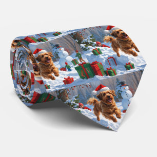 Gravata Havanese Correndo na Neve com Chapéu de Natal