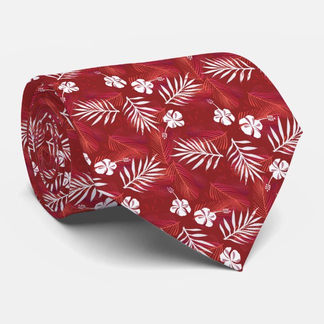 Gravata Hawaii Hibiscus Flor Tropical Folha de Palma (Rolled)