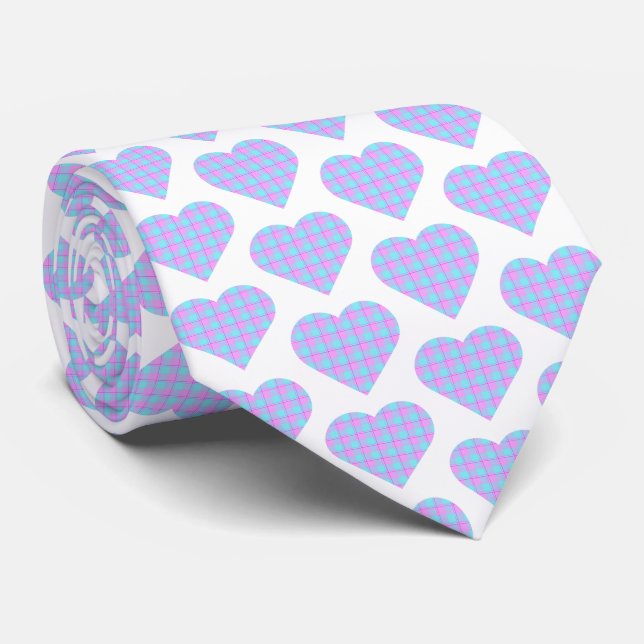 Gravata Heart Shaped Plaid Pink Blue Pastel Neck Tie (Rolled)