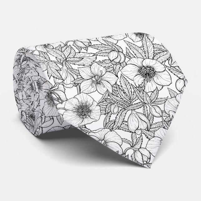 Gravata Hellebores a preto e branco (Rolled)