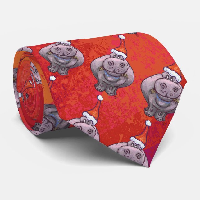 Gravata Hippo Bonito em Santa Hat Padrão em Vermelho (Rolled)