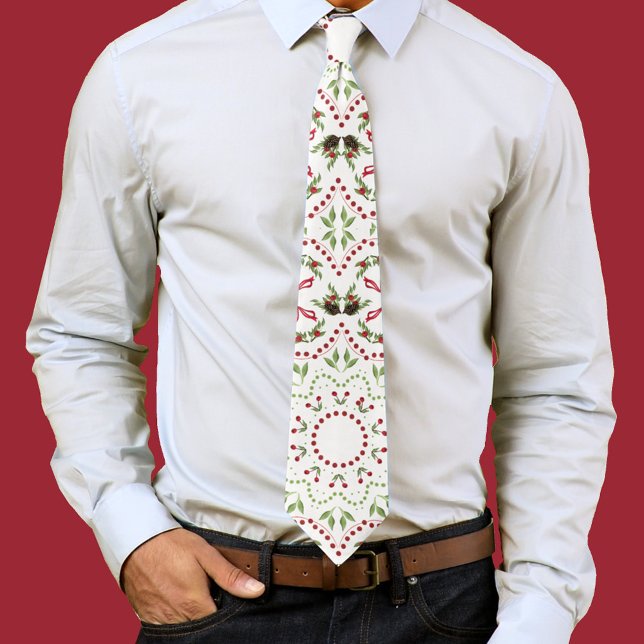 Gravata Holly Berries Mandala Estilo (Holiday pattern red and green mens neck tie. )
