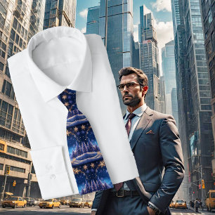 Gravata Hora mágica de Natal - Flocos de neve ouro em azul