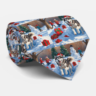 Gravata Husky Siberiano Correndo na Neve com Chapéu de Nat
