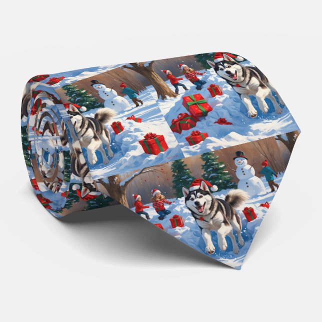 Gravata Husky Siberiano Correndo na Neve com Chapéu de Nat (Rolled)