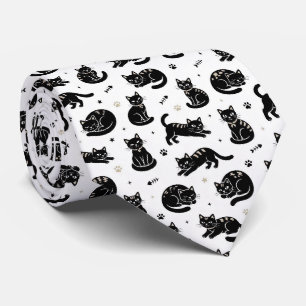 Gravata Ilustrações de Gatos Preto e Branco