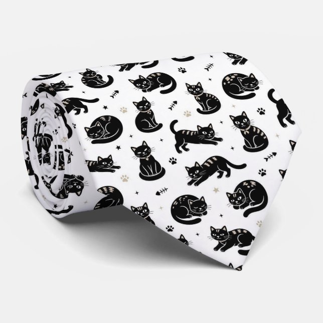 Gravata Ilustrações de Gatos Preto e Branco (Rolled)