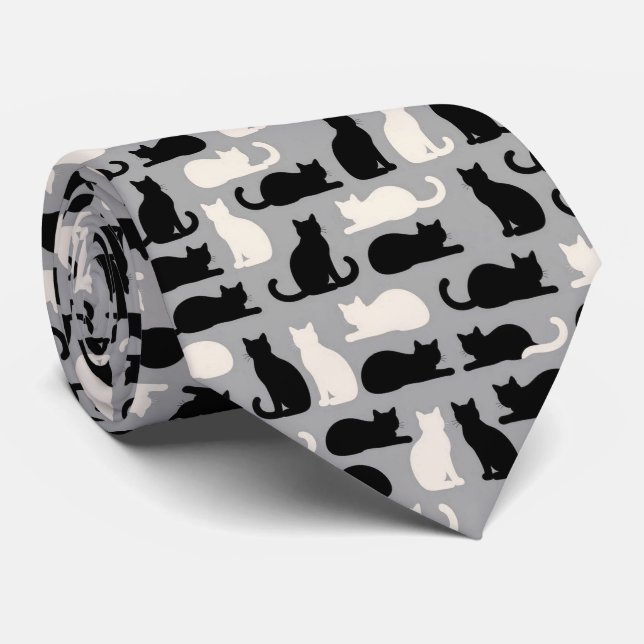 Gravata Ilustrações de Gatos Preto e Branco (Rolled)