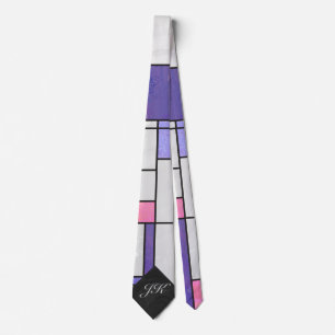 Gravata Impressão branco roxo mondriano